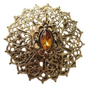 Vintage Filigree Amber Color Rhinestone Brooch Pendant Solid Perfume Locket Case
